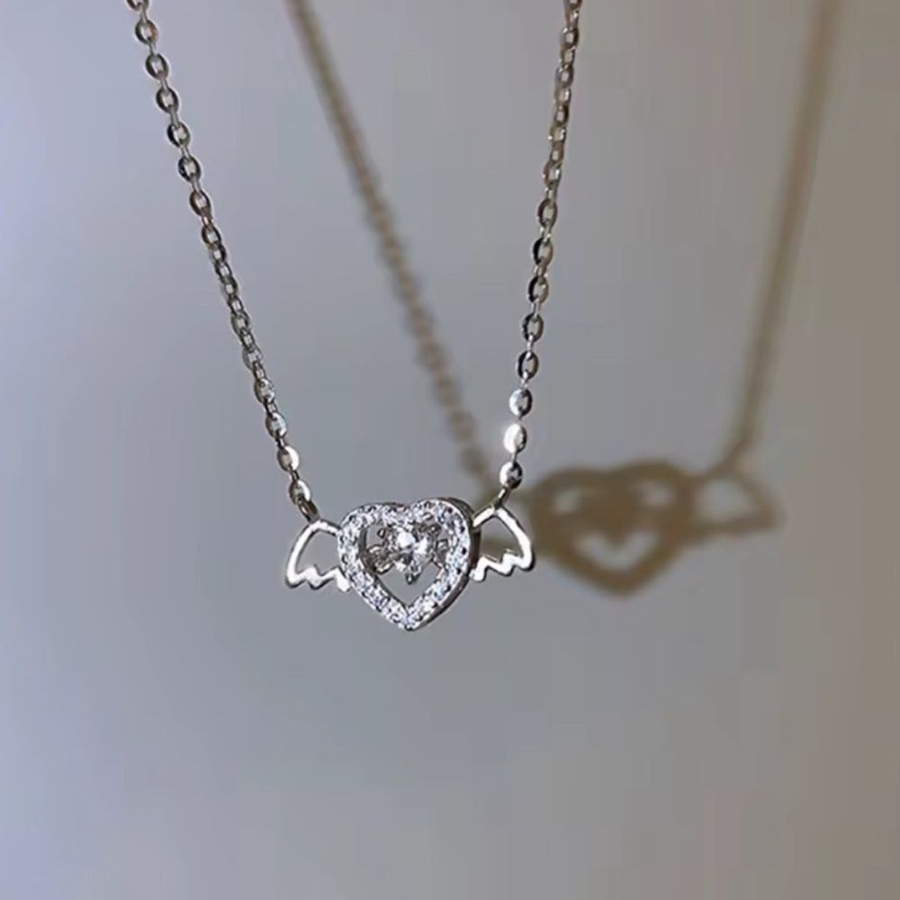Elegant Silver Heart & Wings Pendant Necklace